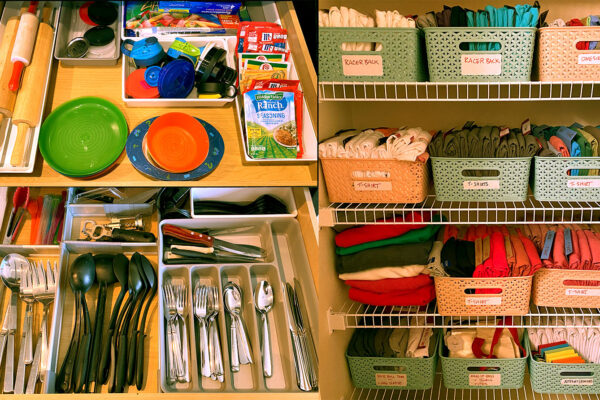 Two kitchen drawers with organized utensils, and a closet with labelled blue and pink bins for cloths