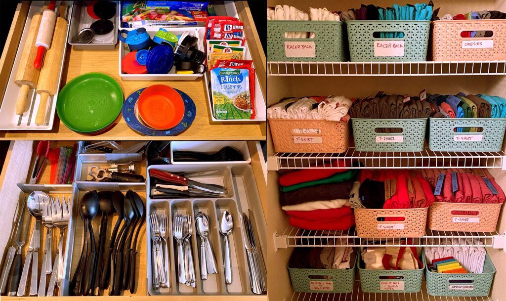 Two kitchen drawers with organized utensils, and a closet with labelled blue and pink bins for cloths